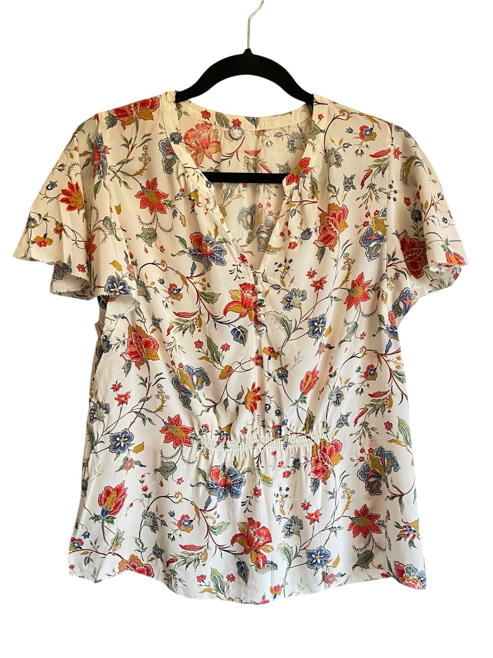 Margaret O'Leary Silk Cream Floral V-Neck Ruffle Sleeve Blouse
